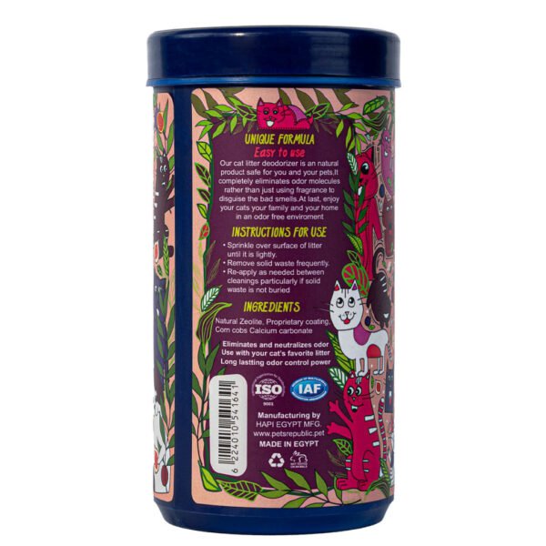 Backside label of Pets Republic Cat Litter Deodorizer Powder in Figgy scent with usage instructions and ingredient list