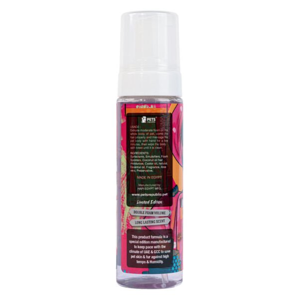 Backside of Pets Republic Dry Foam Shampoo Pinky Girl 250ml bottle showing product details, ingredients, and usage instructions.