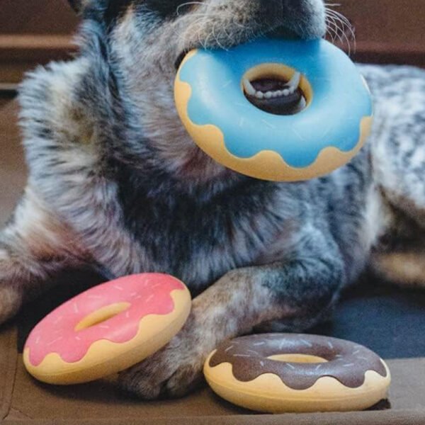 Dog playing with a blue ZippyTuff Donutz squeaker toy, alongside pink and brown donut toys