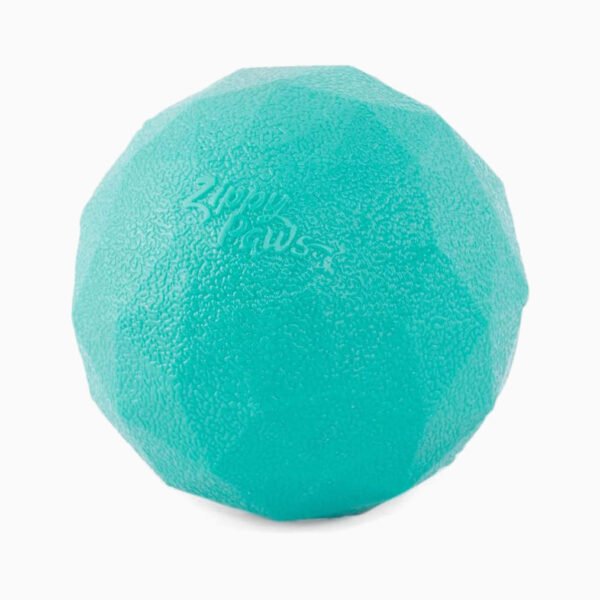 Teal ZippyTuff Waggle Ball with textured surface and ZippyPaws logo for dog play