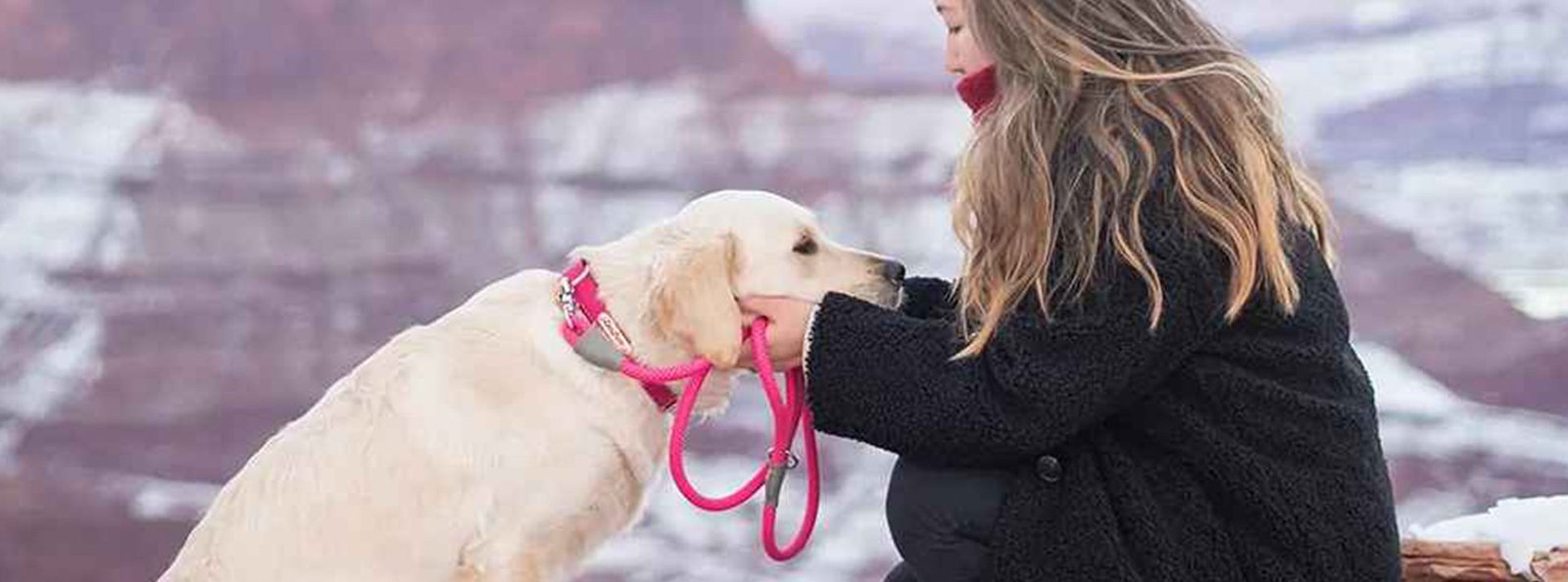 A woman in a black coat and a golden retriever with a pink leash stand against a scenic backdrop, symbolizing stylish and comfortable dog-walking.