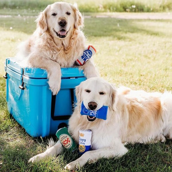 Golden retriever lying on grass next to a blue cooler, with a can-shaped plush toy in front of it