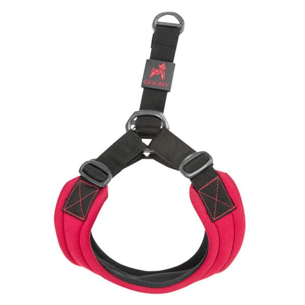 Red Gooby Escape Free® Sport Harness with black detailing, padding, and reflective accents, designed for small dogs.