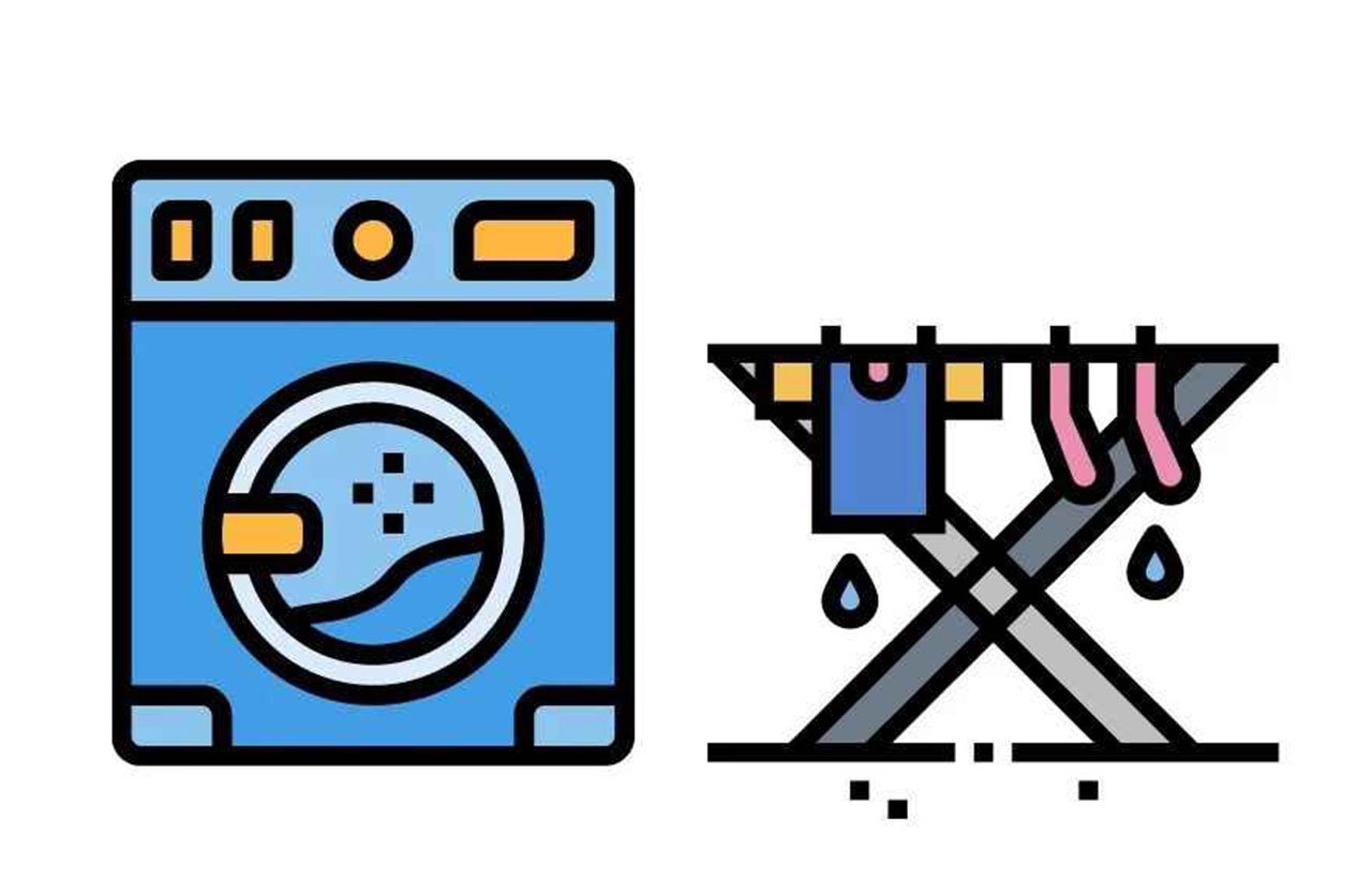 Icons of a washing machine and a clothing rack with drying clothes, representing the machine washable and quick-drying features of the Gooby Comfort X harness.