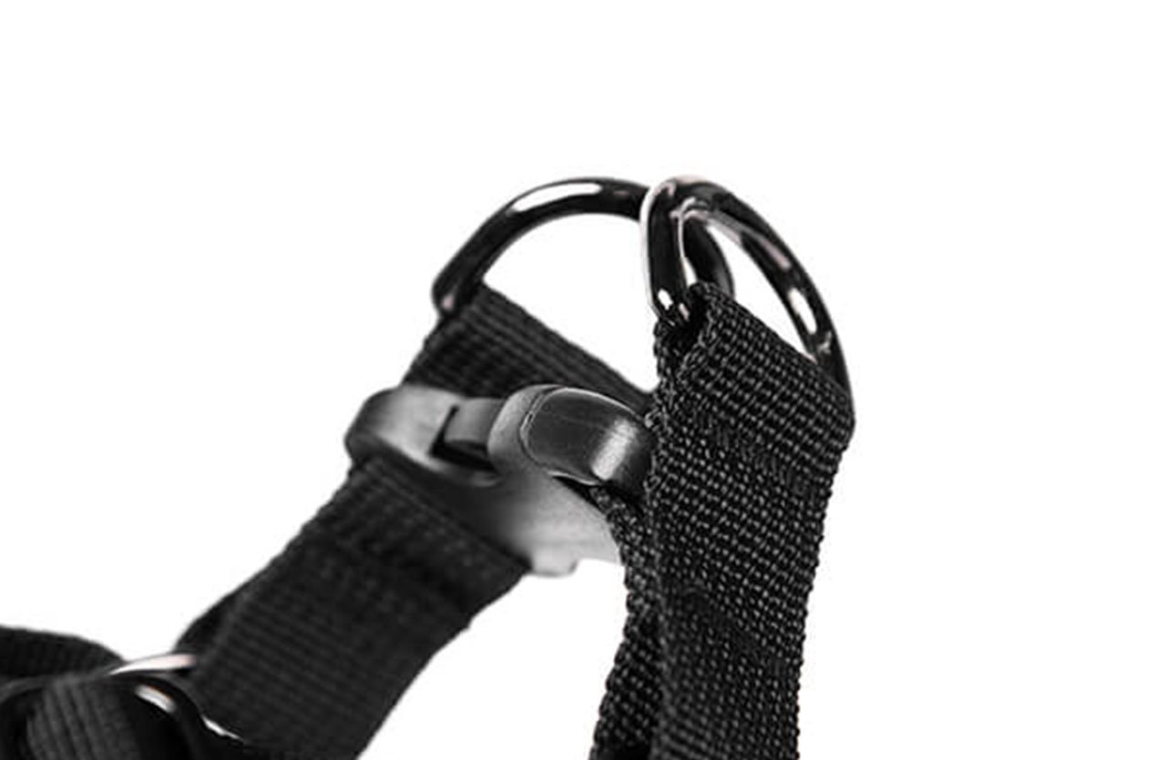 Close-up of a black metal D-ring attached to two straps, highlighting its sturdy and durable design.