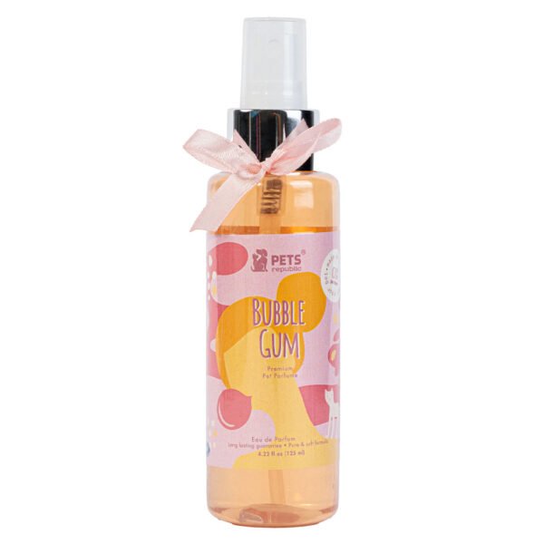 A clear 125ml spray bottle of Pets Republic Perfume with a pink bubble gum label, adorned with a pink bow, against a white background.