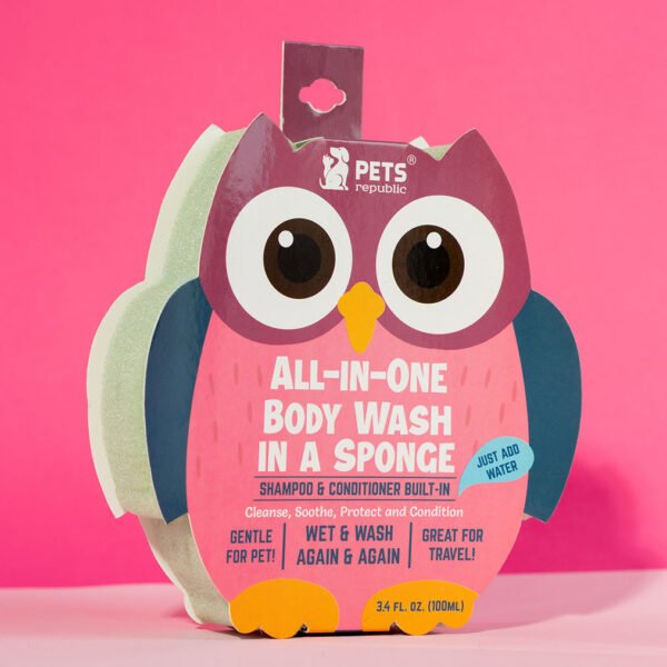 Packaging of Pets Republic All-in-One Body Wash in a Sponge designed like an owl with pink and blue colors, stating built-in shampoo and conditioner.