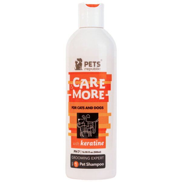 Pets Republic Care & More Shampoo bottle with Keratin, 500ml, for cats and dogs, featuring orange and white label design