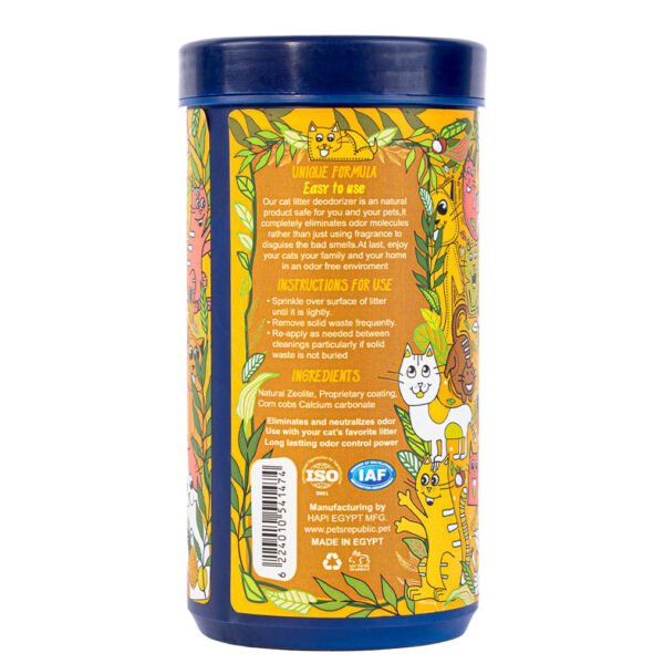 Backside of Pets Republic Cat Litter Deodorizer Powder 500g with Pina Colada scent, featuring usage instructions, ingredients, and playful cat illustrations