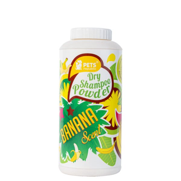 Front view of Pets Republic Dry Powder Shampoo 500ml bottle, featuring vibrant graphics of bananas, leaves, and water splashes, emphasizing the banana scent.