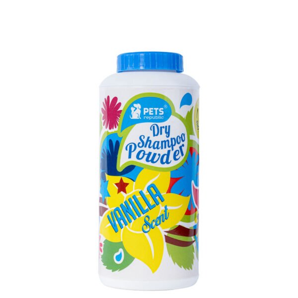 Pets Republic Dry Shampoo Powder 500ml Vanilla bottle with blue cap and colorful floral design, waterless formula for easy pet grooming.