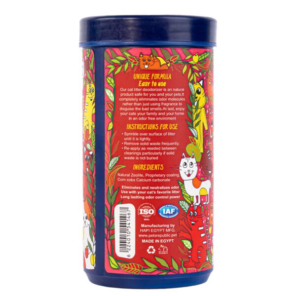 Back label of Pets Republic 500g Kitty Fruitti Cat Litter Deodorizer Powder with usage instructions and ingredients