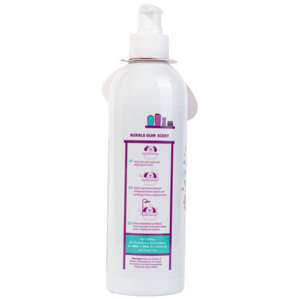 Side view of Pets Republic 5-in-1 Pet Wash Shampoo-Conditioner 500ml bottle with a purple and white label, featuring usage instructions and a bubble gum scent