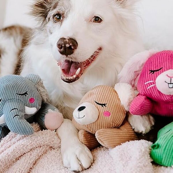 Dog surrounded by ZippyPaws Snoozies plush toys