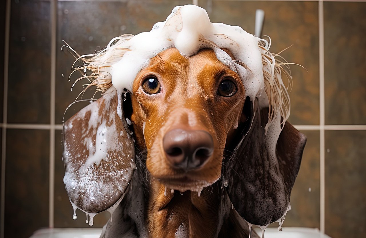 A dog enjoying a bath in a white tub, representing the all-in-one benefits of a 5-in-1 pet shampoo with coconut oil.