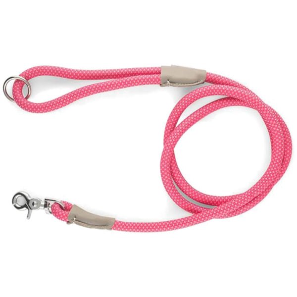 A 1.5-meter-long vibrant pink dog leash with a pattern of small white dots, featuring a silver metal clasp and grey leather-like accents.