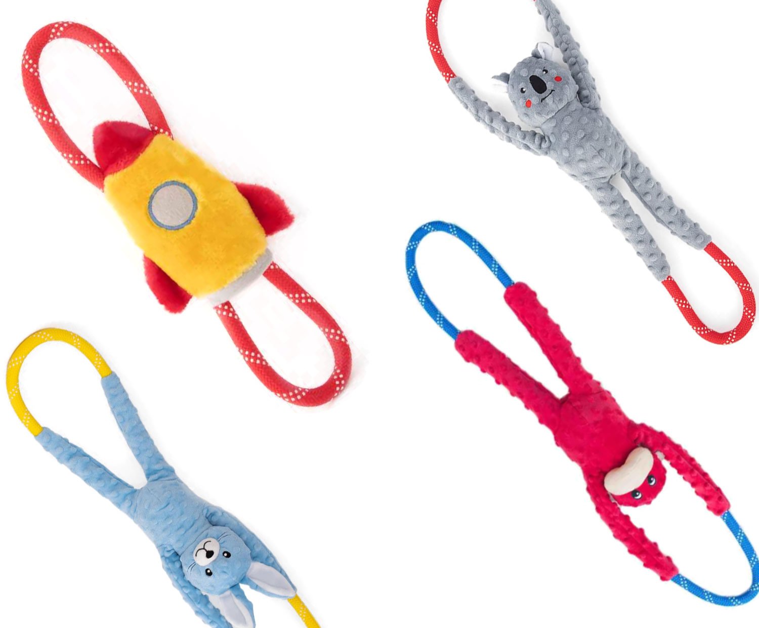 Four plush dog toys from the ZippyPaws RopeTugz Collection, including a yellow and red rocket, a grey koala, a blue bunny, and a red monkey