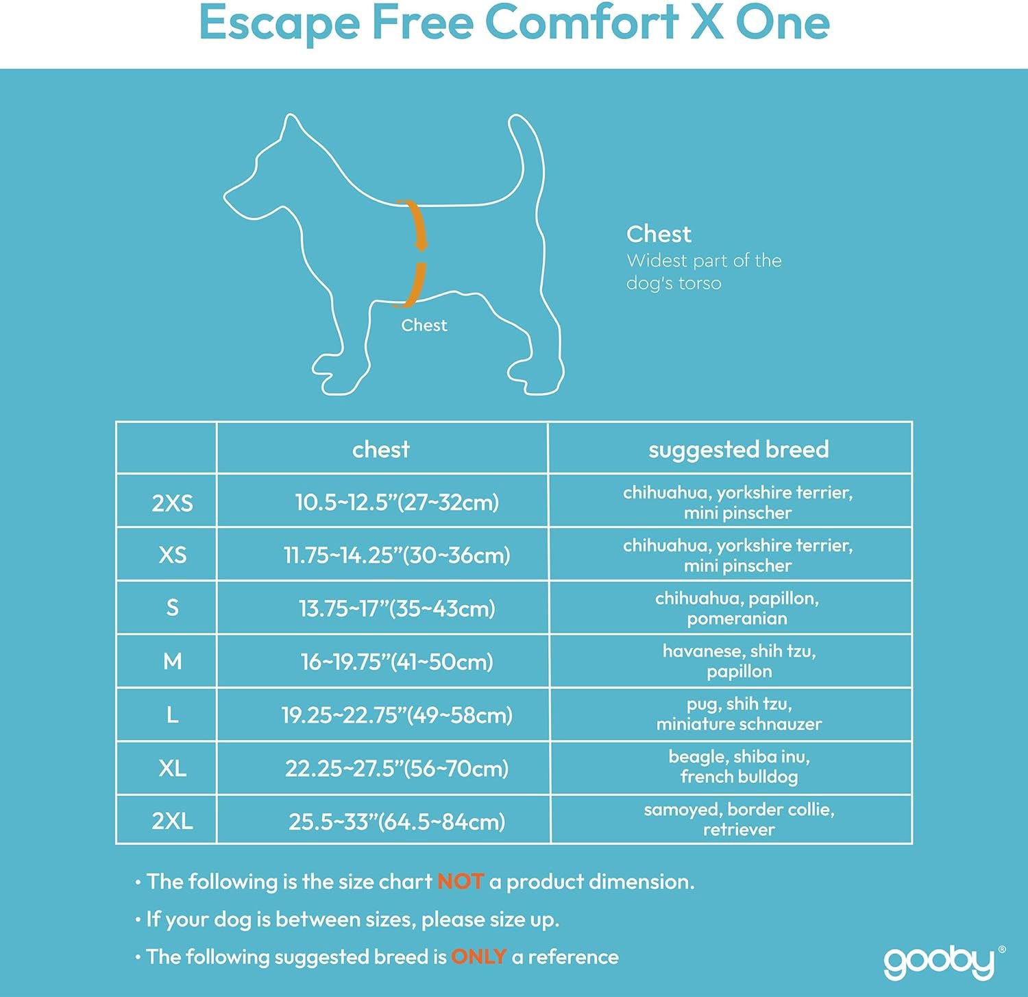 Chart showing the Gooby Escape Free Comfort X One Harness sizes from 2X-Small to 2X-Large with corresponding dog breeds and chest measurements.