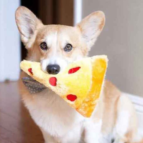 A Corgi dog joyfully holding a plush pizza slice toy in its mouth, featuring realistic pepperoni spots—part of the ZippyPaws NomNomz® collection.