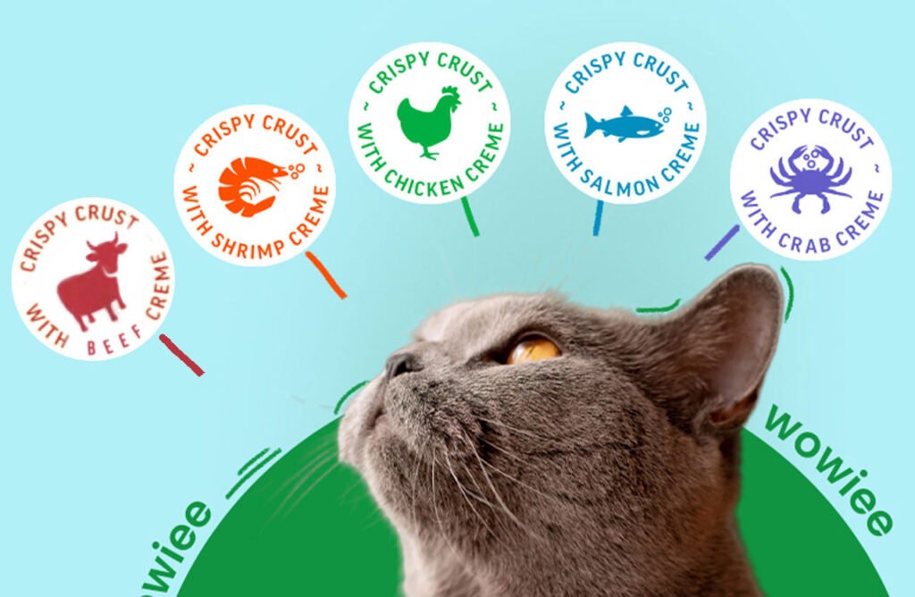 Gray cat looking upwards at five circular icons representing different flavors of Cat Fest Crispy Crust treats: beef, chicken, shrimp, salmon, and crab