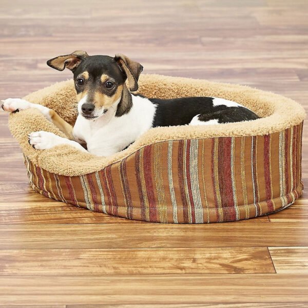 A small dog with a black and white coat lounging comfortably in an oval-shaped Petmate bolster bed, featuring a plush beige interior and a striped exterior in shades of brown, tan, and red.