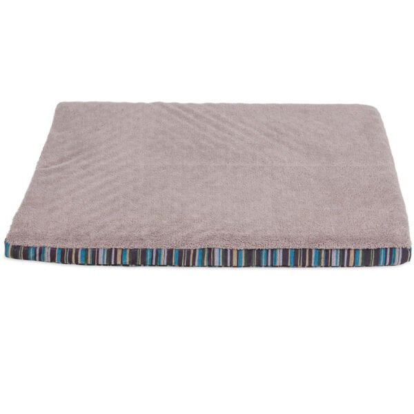 Folded light grey orthopedic dog bed with a textured surface and a colorful striped border, placed against a white background.