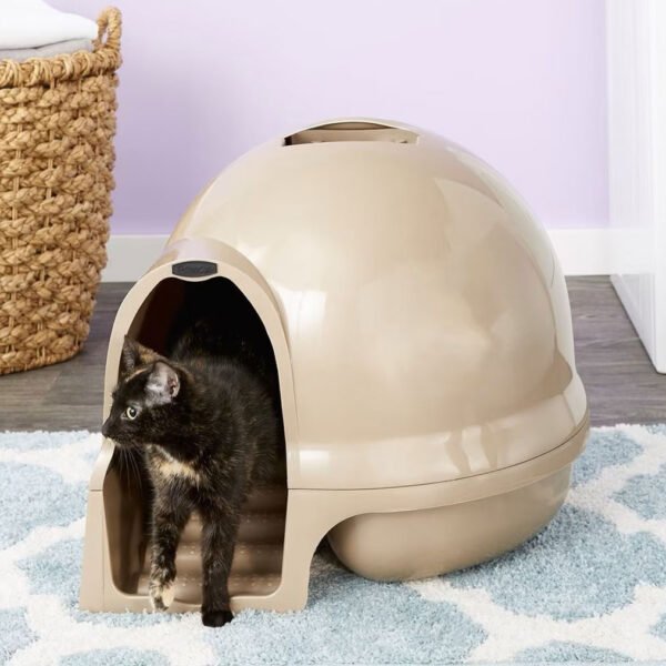 A black and white cat stepping out of a beige Booda Cleanstep Litter Dome placed on a white and blue rug, with a wicker basket and white appliance in the background.