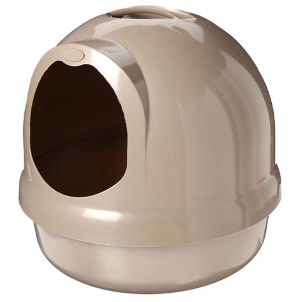 Beige Petmate Booda Dome Litter Box with a rounded design and front entrance hole