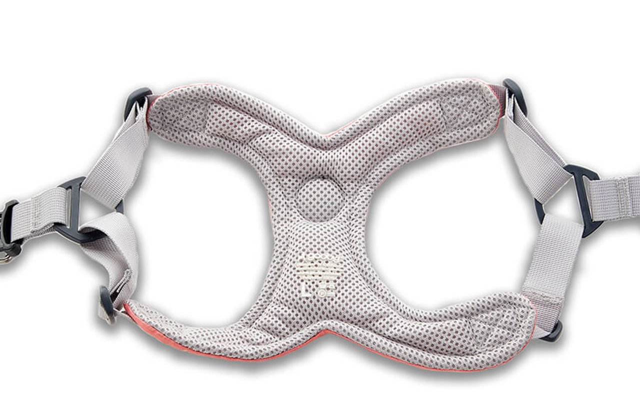 A dog harness with a breathable inner mesh design, spread out flat against a white background