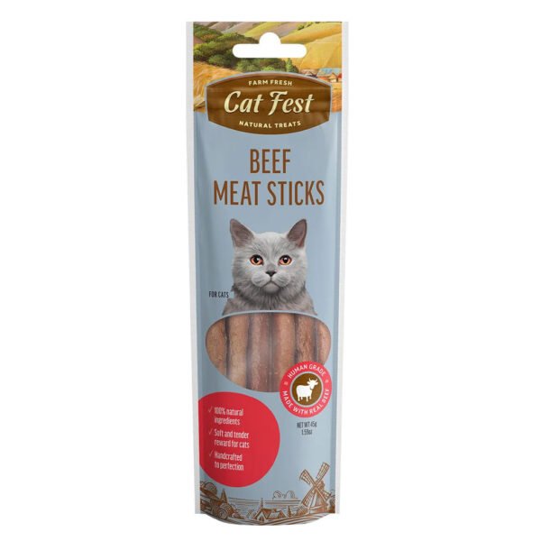 Packaging of Cat Fest Beef Meat Sticks featuring a grey cat and the product’s grain-free badge, indicating natural ingredients.