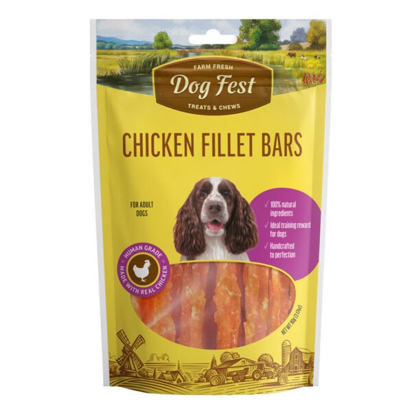 Packaging of Dog Fest Chicken Fillet Bars featuring a happy dog, farm imagery, and product details