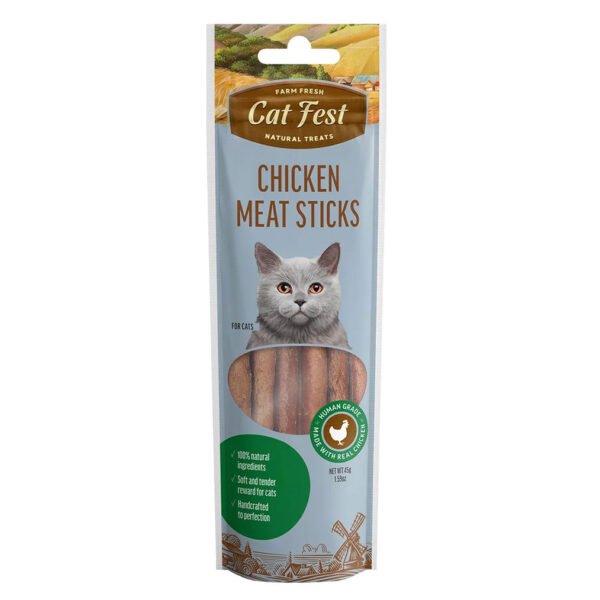 Packaging of Cat Fest Chicken Meat Sticks featuring a grey cat and the product’s natural ingredients, with a ‘Grain Free’ badge.