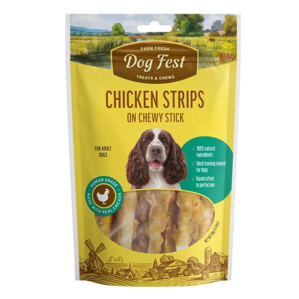 Packaging of Dog Fest Chicken Strips on Chewy Stick treats for adult dogs, featuring 100% natural ingredients.