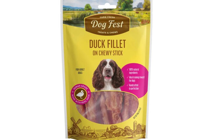 Packaging of Dog Fest Duck Fillet on Chewy Stick featuring a vibrant farm landscape, a happy dog, and product details.