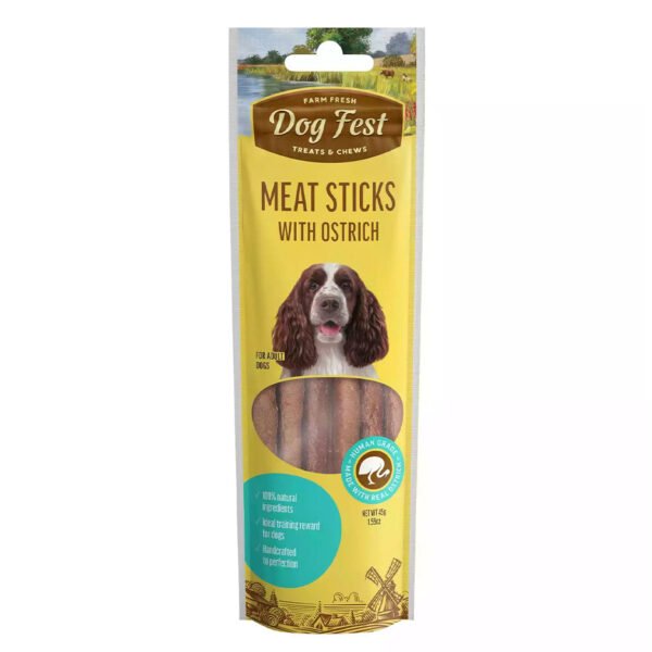 Packaging of Dog Fest Meat Sticks with Ostrich for Adult Dogs, featuring an image of a dog and highlighting the ostrich flavor.