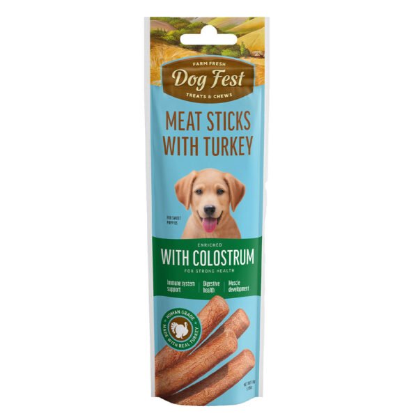 Packaging of Dog Fest Meat Sticks for puppies featuring turkey flavor, enriched with colostrum, and labeled as grain-free.