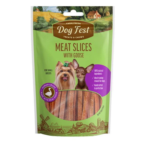 Packaging of “Dog Fest Treats & Chews Meat Slices with Goose” featuring a green bag with images of happy dogs and sliced meat treats, suitable for small breed dogs.