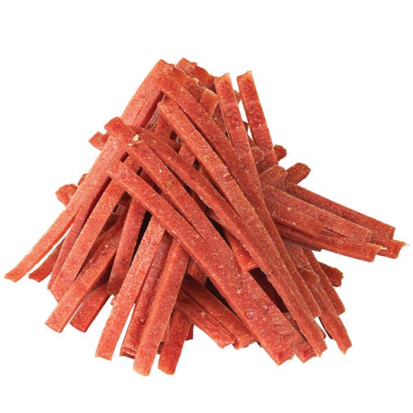 Red stick-shaped meat slices from “Dog Fest Treats & Chews Meat Slices with Goose,” perfect for small breed dogs.