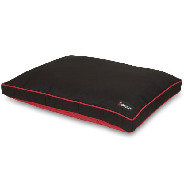 Rectangular black and red Dogzilla Gusset Pillow Dog Bed with raised edges and a cushioned surface.