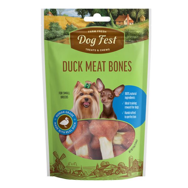 A package of Dog Fest Treats featuring Duck Meat Bones for small breeds, with an illustration of a farm and happy dogs on the front.