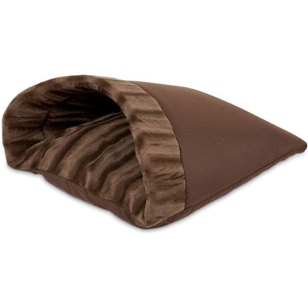 Brown, triangular-shaped ergonomic pillow with a darker brown border, designed for pet comfort.