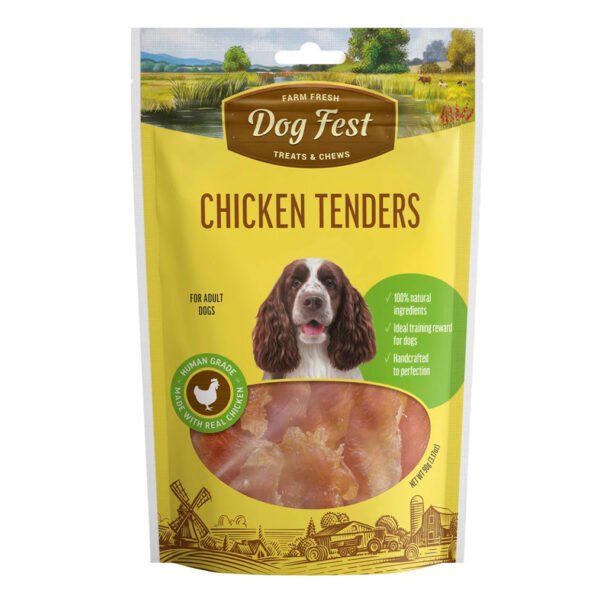 Packaging of Dog Fest Chicken Tenders for adult dogs featuring a Springer Spaniel, clear window showing treats, and farm landscape