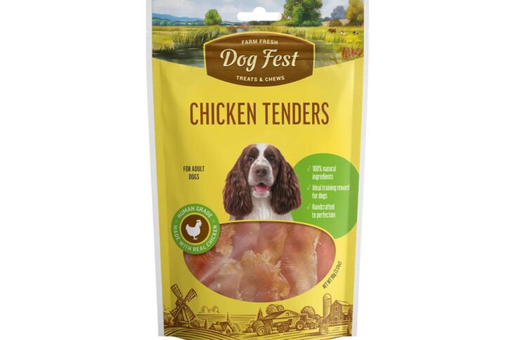 Packaging of Dog Fest Chicken Tenders for adult dogs featuring a Springer Spaniel, clear window showing treats, and farm landscape