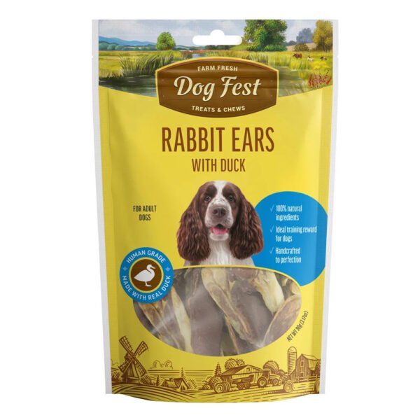 Packaging of Dog Fest Rabbit Ears with Duck treats for small breeds featuring a happy dog, farm imagery, and product details.