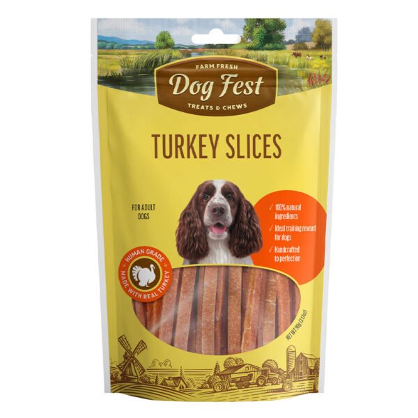 Packaging of “Dog Fest Treats & Chews Turkey Slices” featuring a happy dog, scenic farm background, and a clear window displaying the product.