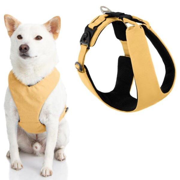 Image of a white dog wearing a yellow Gooby Lite Gear Z Harness, alongside the harness displayed separately against a white background.