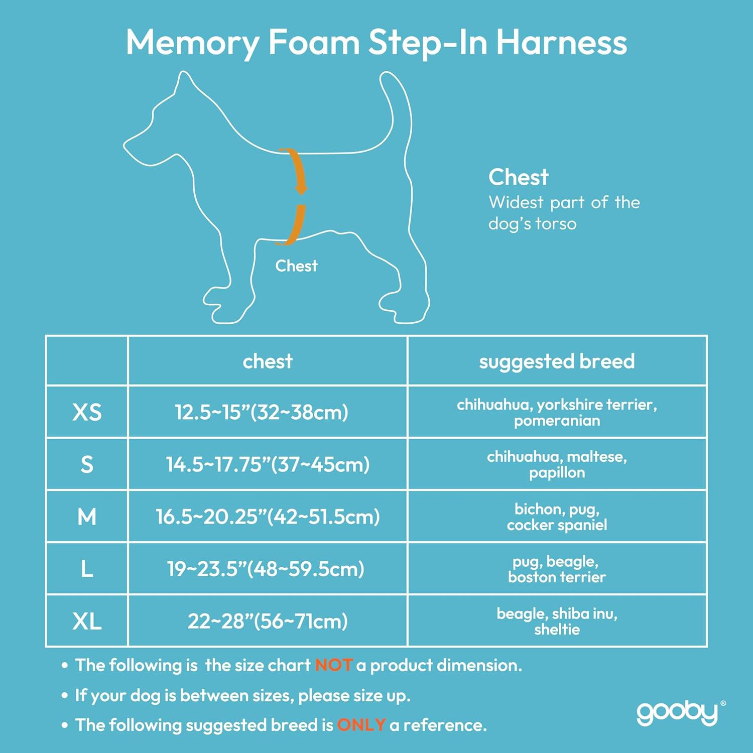 Sizing chart for Gooby Memory Foam Step-In Harness, showing chest measurements and example dog breeds for each size