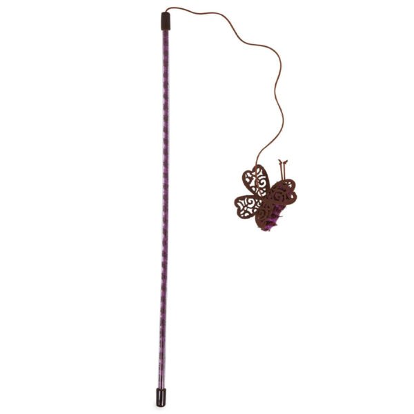 Image of a JW Interactive Butterfly Cat Wand, featuring a long purple wand with a flexible string attached to a brown butterfly figure designed to entice and engage cats in playful activity.