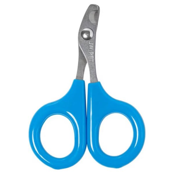 A pair of JW Gripsoft Cat Nail Clippers with bright blue handles and stainless steel cutting blades.