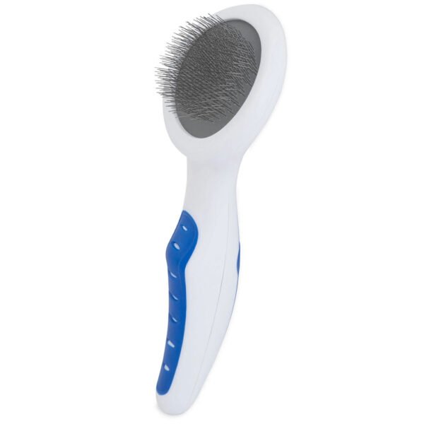 A white and blue JW Gripsoft Slicker Brush for cats, featuring a curved ergonomic handle and a rectangular brush head with thin metal bristles.